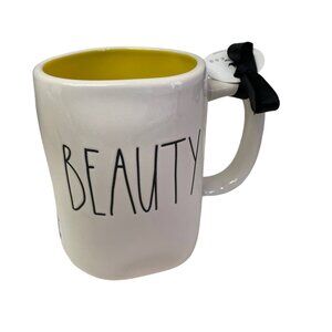 Rae Dunn BEAUTY Coffee Mug Cup Double Sided White Outside Yellow Insude 5" x 5 1